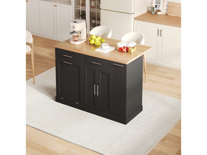  Desserte de cuisine avec 2 tiroirs, étagère 4 niveaux et compartiment poubelle, plateau rabattable 120×70×93 cm  - Conforama C