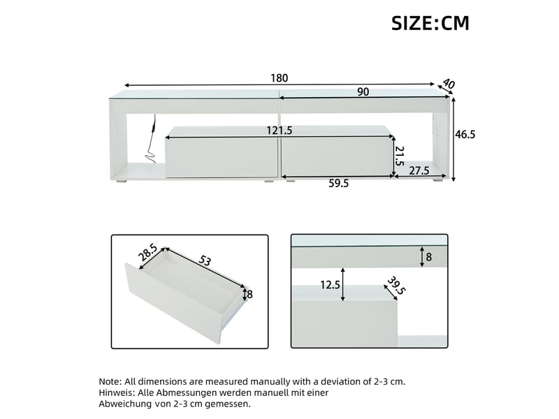 Meuble tv led 180x40x46 cm haute brillance pour tv jusqu’à 70 pouces avec 2 tiroirs, salon chambre, panneaux de particules, blanc Sol Morn - Conforama C