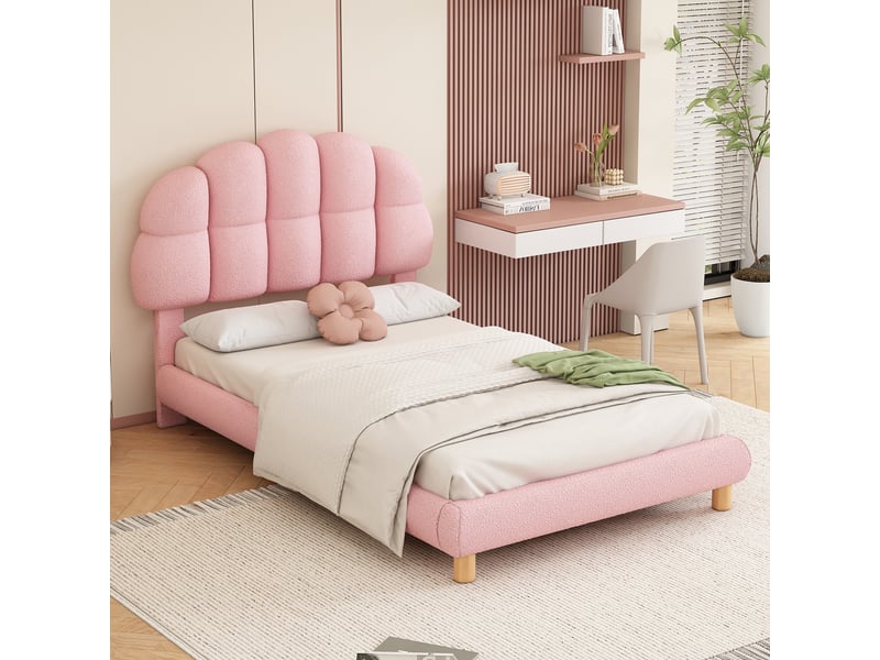 Lit simple pour enfant 90 x 200 cm, lit rembourré, sommier en bois, revêtement imitation feutre, rose - Conforama D