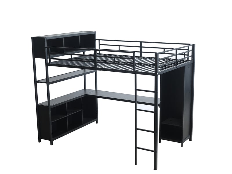  Lit mezzanine enfant avec bureau et rangement, métal noir, 140x200cm, armoire intégrée et espace de stockage  - Conforama D