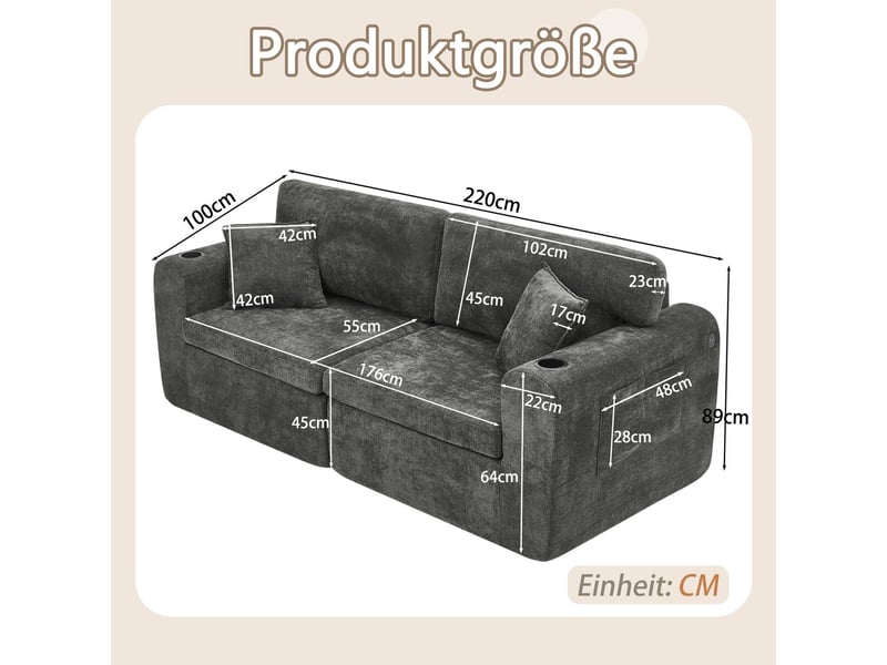 Canapé format compact en revêtement chenille poche latérale porte-revues porte-gobelet coussins inclus fonction relaxation noir - Conforama C