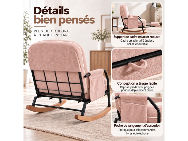  Fauteuil à bascule moderne avec dossier inclinable 100°-160°, repose-pieds escamotable, coussin en fausse fourrure de lapin,rose  - Conforama E