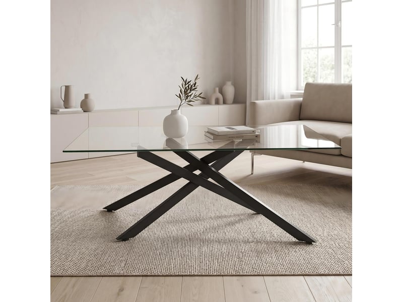  Table basse rectangulaire fixe en verre trempé avec piètement en métal noir pour salon moderne 100 × 60 × 46 cm  - Conforama D