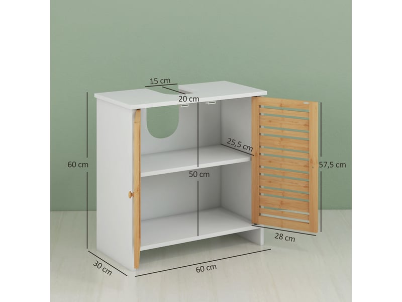  Meuble sous-évier moderne avec portes magnétiques en bambou et étagère réglable 60 x 30 x 60 cm blanc et naturel  - Conforama E