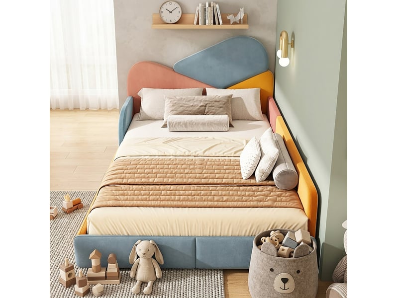  Lit enfant rembourré modenvie 140 x 200 cm multicolore en velours avec protection latérale surélevée  - Conforama D