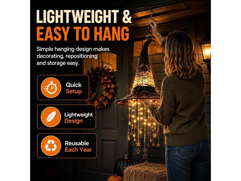  2 pièces décoration halloween suspendue, chapeau de sorcière lumineux led avec étoiles en cascade, pour porche, terrasse et entrée  - Conforama D