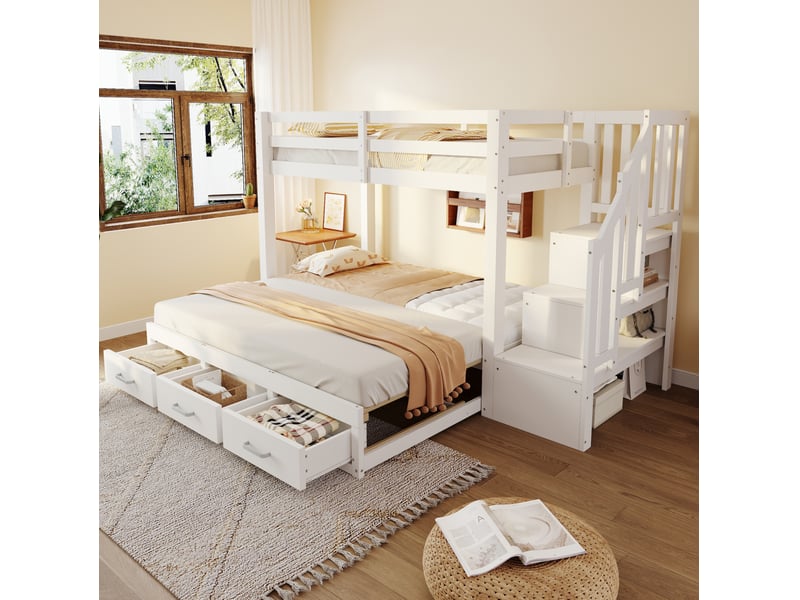  Lit superposé avec couchage inférieur extensible 90180x190 cm et rangements, blanc  - Conforama B
