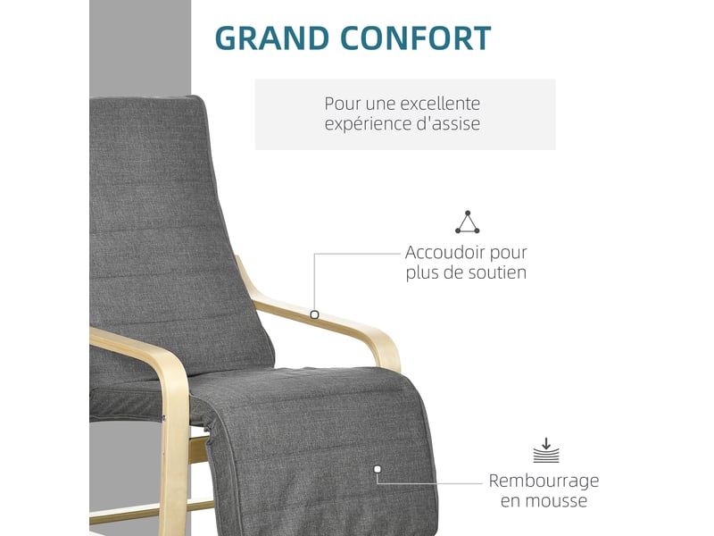  Fauteuil relax avec repose-pied réglable en bois massif et coton gris 94x66,5x100 cm  - Conforama E