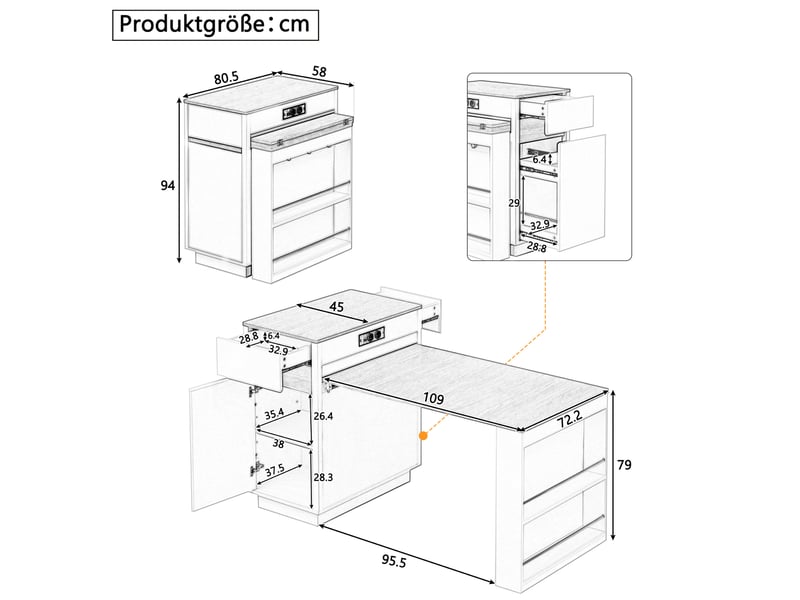  Îlot de cuisine avec plateau extensible, roulettes, éclairage led, prises usb et type-c, noir  - Conforama C