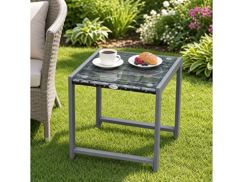  Table de jardin bistrot carrée en résine tressée et verre trempé, pour balcon et terrasse, grise, 50 × 49,5 × 50 cm  - Conforama D