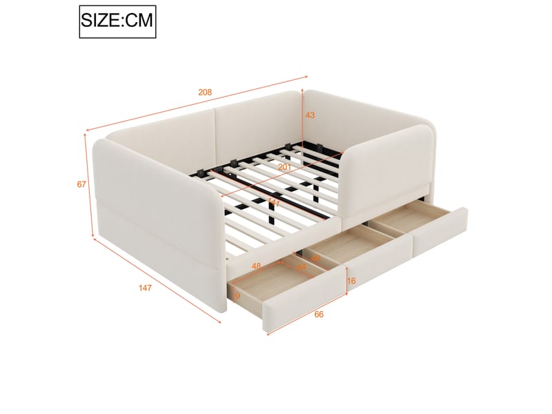  Lit enfant, 140x200 cm, espace nuit, bords arrondis, tiroirs de rangement, matelas non inclus, velours, coloris beige  - Conforama C