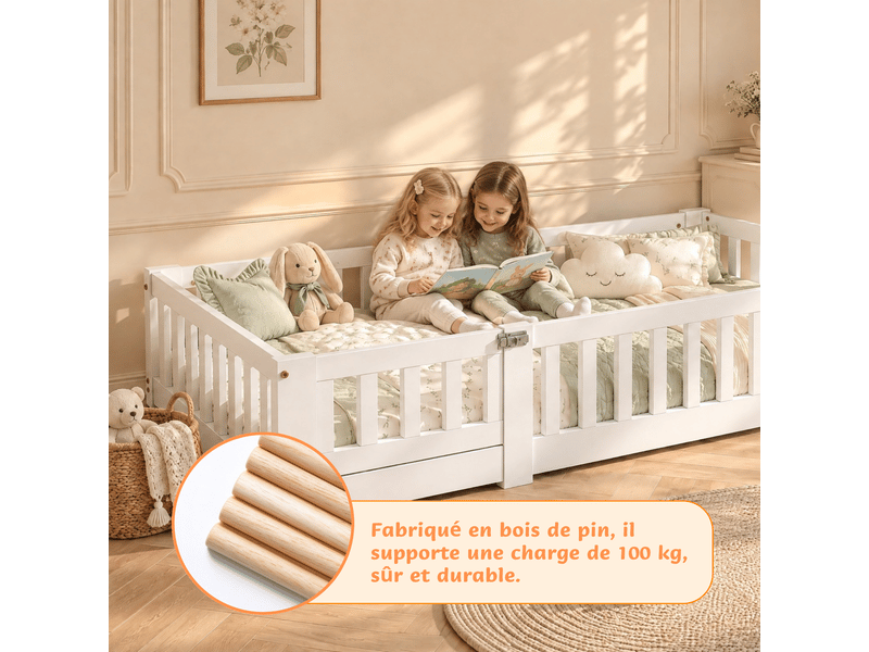 Lit montessori au sol en pin massif pour enfant, lit enfant 120x200 cm avec 30cm garde-corps de sécurité - peinture à base d’eau écologique - sommier à lattes inclus - style scandinave, lit bas pour chambre d’enfant - Conforama E