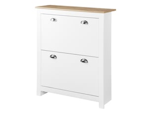 Meuble à chaussures étroit pour 12 paires, 2 tiroirs rabattables, étagères réglables, poignées métal, 79 x 23 x 90,5 cm, blanc et chêne