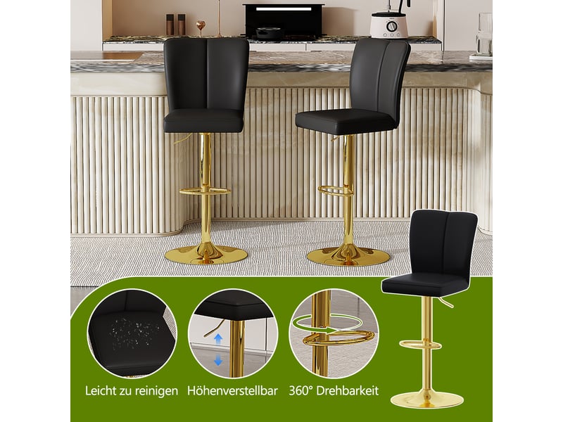  Lot de 2 tabourets de bar réglables pivotants à 360° similicuir noir et métal doré W3658P406692 - Conforama E