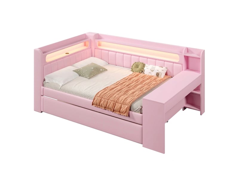  Lit banquette 140x200 avec bureau intégré, port usb et lit gigogne 90x190, rose  - Conforama A