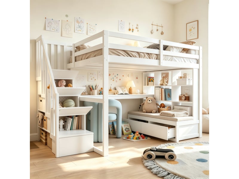 Lit mezzanine, 140x200 cm, avec bureau et deux tiroirs intégrés, escalier de rangement, barrières de sécurité, blanc  - Conforama R