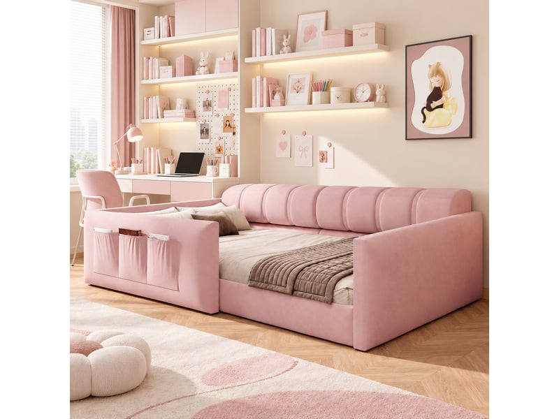  Lit banquette enfant 90x200 cm avec poches latérales de rangement, lit simple à dossier épais rembourré, sommier à lattes, velours, rose Morn Vibe - Conforama C