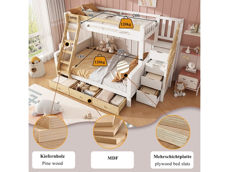  Lit superposé 90×200140x200 cm avec escalier rangement et 3 tiroirs, lit pour enfants, adolescents, blanc  - Conforama B
