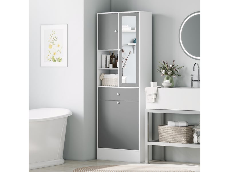 Meuble de salle de bain avec panier à linge et miroir étagère réglable 62 x 28,3 x 181 cm gris et blanc - Conforama B