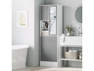Meuble de salle de bain avec panier à linge et miroir étagère réglable 62 x 28,3 x 181 cm gris et blanc