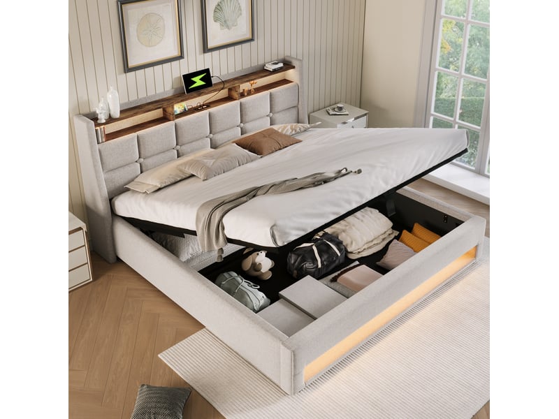  Modenvie lit coffre 140x200 cm - avec rangement, led et ports usb, matelas inclus - beige  - Conforama E
