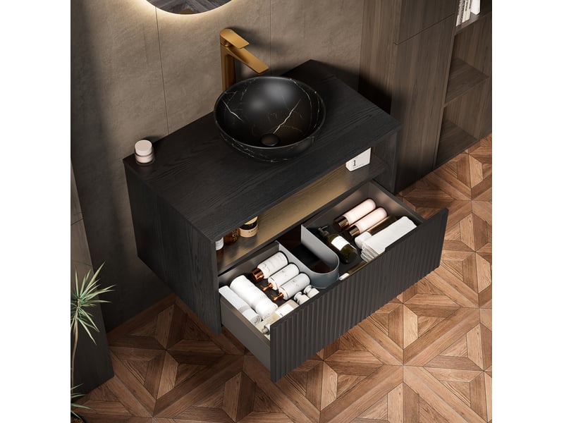  Meuble sous vasque suspendu 1 tiroir, niche, vasque en céramique et led pour salle de bain noir 80 × 46 × 60,8 cm  - Conforama E