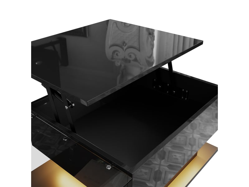  Table basse relevable 100x50x33-47,5 cm avec plateau en verre trempé, bande led et rangement, panneau de particules, noir  - Conforama E