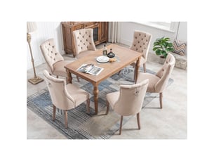 Lot de 6 chaises en velours beige avec dossier haut capitonné et pieds en bois massif