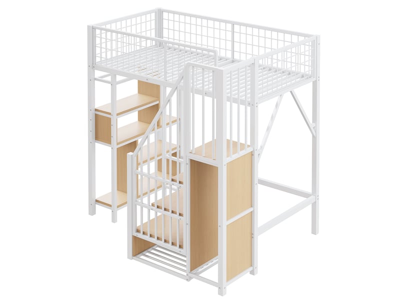 Lit mezzanine en métal blanc 90x200 cm, lit avec escalier et rangement intégré, structure robuste pour chambre adulte et enfant. - Conforama D