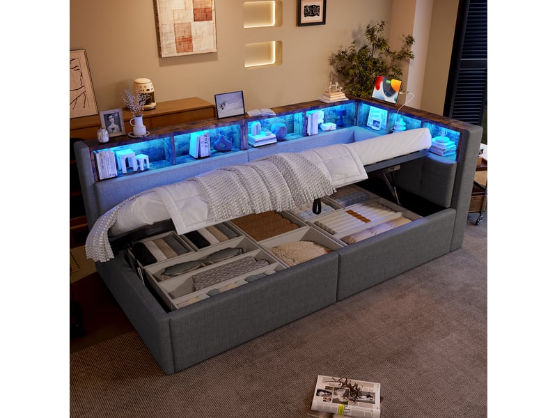  Lit coffre hydraulique 90x200 cm avec led multicolore, usb-c et rangements, tissu lin gris, sans matelas  - Conforama B