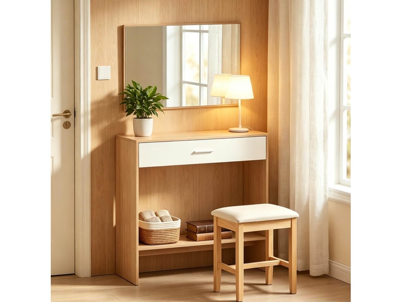  Table console de rangement avec miroir mural, tiroir et étagère, chêne clair et blanc  - Conforama D
