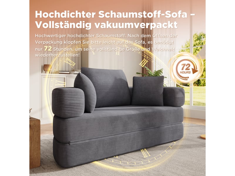  Canapé convertible 2-en-1 pliable avec 3 coussins, couchage ovale et dossier enveloppant en velours côtelé gris  - Conforama E