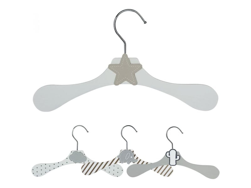  Lot de 50 cintres en bois 28 cm pour bébé, enfant avec crochet pivotant - cintre blanc et étoile beige - monsieur bébé  - Conforama A