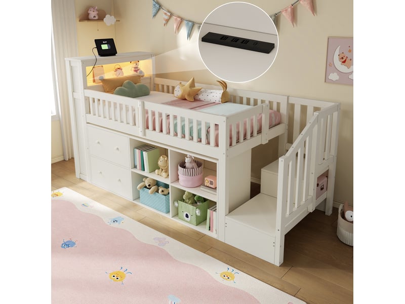  Lit mezzanine enfant 90x200 cm blanc avec bureau, rangements, led et ports usb, pour chambre organisée, sans matelas  - Conforama B