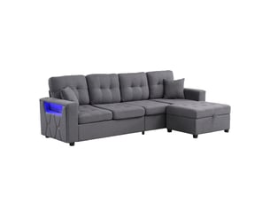 Canapé d'angle modulable 4 places avec pouf coffre, led et ports usb type-c en tissu gris antique