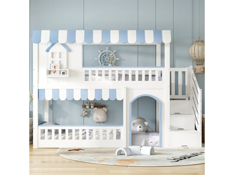 Lit mezzanine enfant 1 place 90×200 cm, escalier de rangement et barrières - sans matelas, bois blanc et bleu - Conforama B
