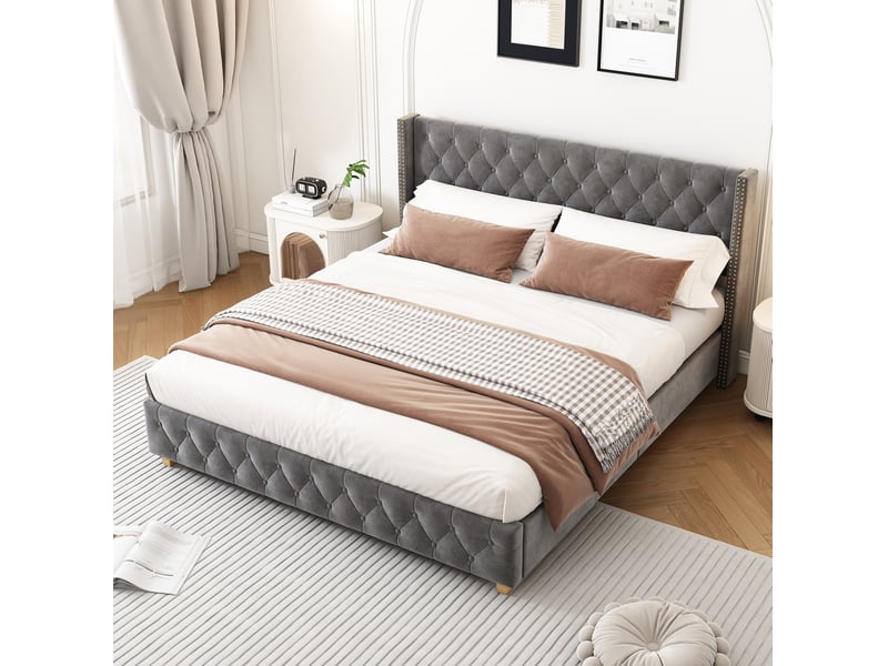  Lit 2 places 160 x 200 cm en velours gris avec sommier à lattes et tête de lit capitonnée  - Conforama C