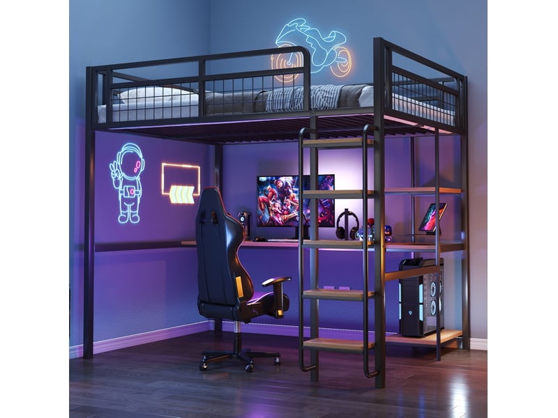 Lit mezzanine enfant 140x200 cm – noir – bureau et étagères intégrés, échelle sécurisée – sans matelas - Conforama E