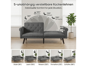 Canapé 2 places, avec couchage d'appoint, dossier réglable, en velours, coloris gris, l172 x p89 x h70 cm