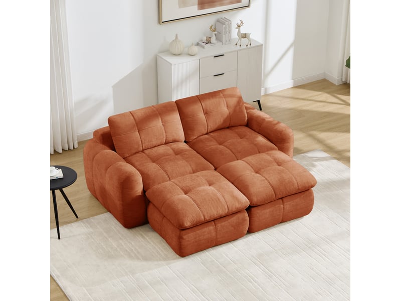 Canapé modulaire 2 places sans cadre avec 2 ottomanes et assise profonde, revêtement en chenille orange - Conforama D