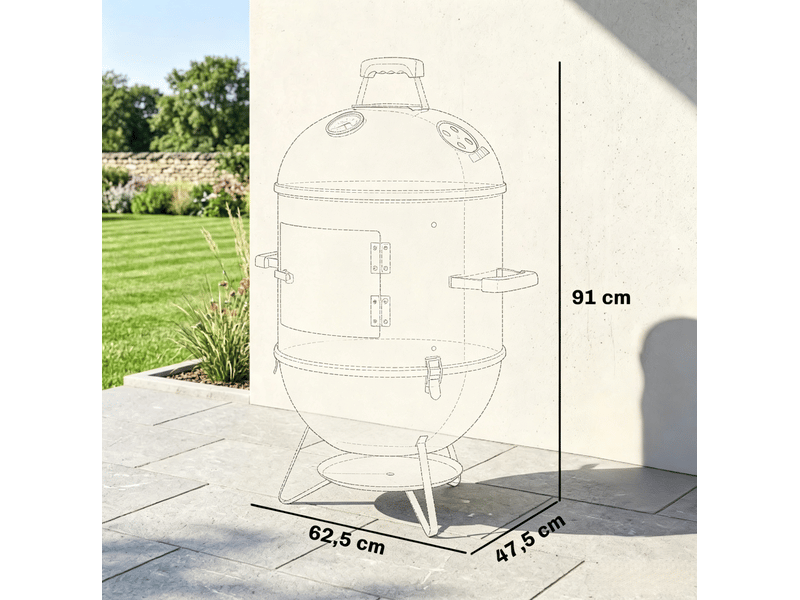  Fumoir barbecue au charbon 62,5 x 47,5 x 91 cm – noir – 3 grilles de cuisson, thermomètre intégré  - Conforama C