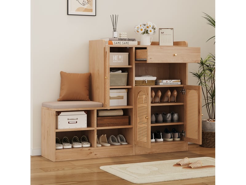  Meuble à chaussures 142x35x110 cm naturel en panneaux de particules, banc rembourré, rangement d'entrée  - Conforama B