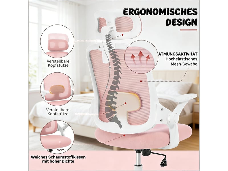  Chaise de bureau ergonomique,63,5x47x109,5-117,5 cm,avec têtière,rose  - Conforama E