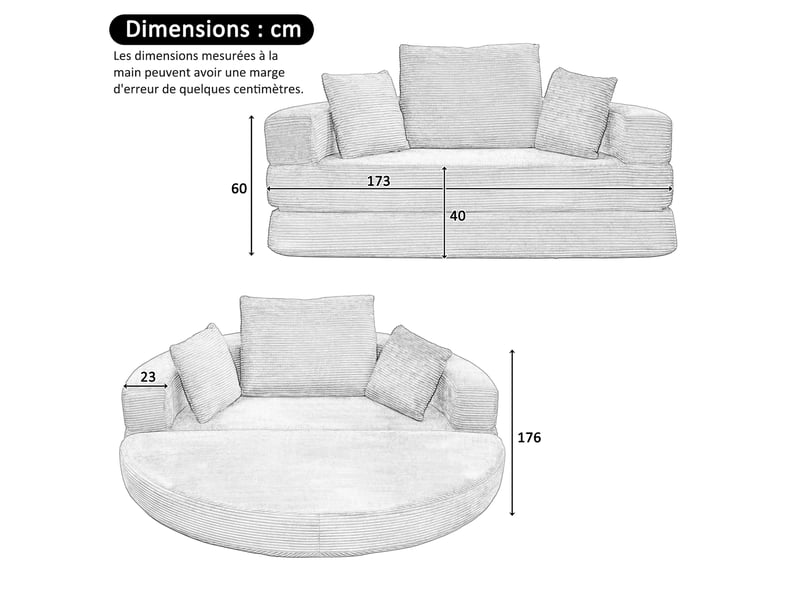 Canapé convertible en lit orange en velours côtelé, canapé-lit ovale 173 x 176 cm, 2 places pour salon et chambre - Conforama E