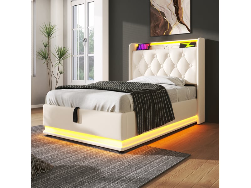  Modenvie lit coffre 90x200 cm - led 360, usb et usb-c, avec matelas inclus - blanc  - Conforama D
