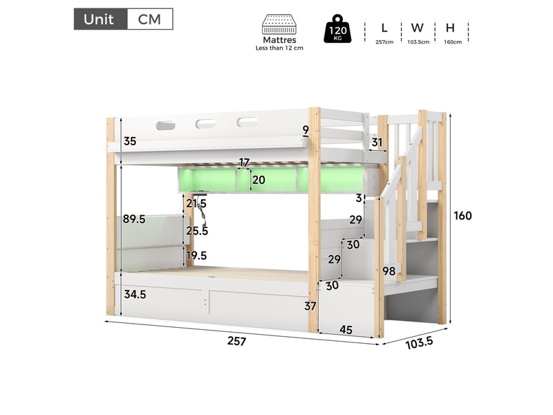  Lit superposé enfant 90x200 cm avec coffre de rangement hydraulique, escalier de rangement, led, usb, tête de lit pu, bois massif blanc et naturel Radiant Stride - Conforama C