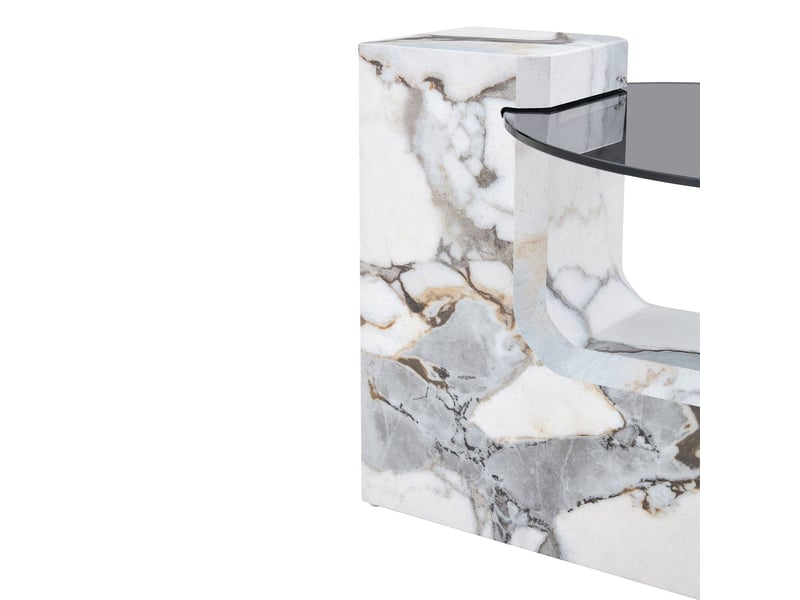  Table d'appoint format rond deux niveaux plateau en verre gris transparent structure en mdf noir en l plateau effet marbre blanc design démontable  - Conforama C