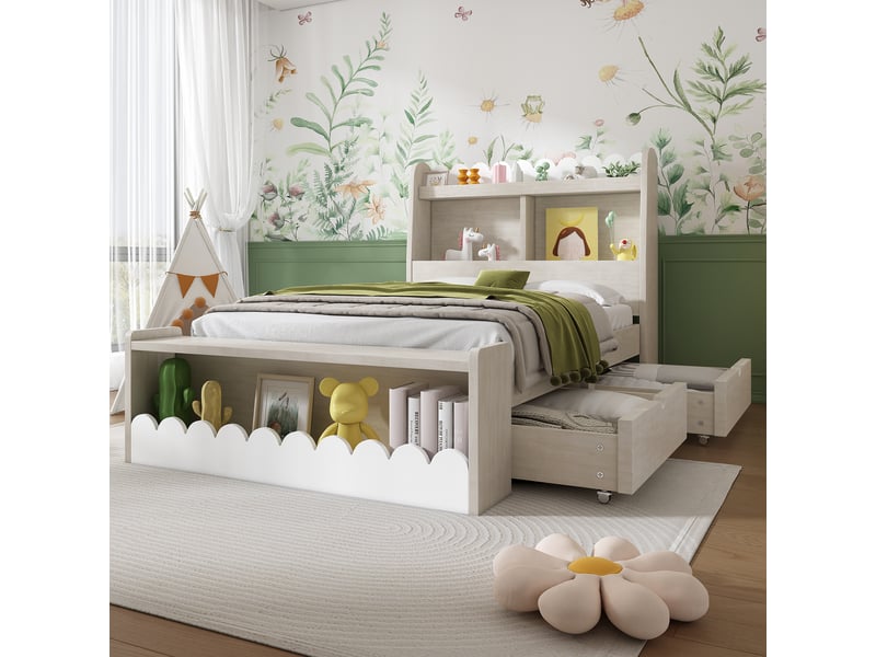 Lit enfant avec rangement 90 x 190 cm, tiroirs de rangement, étagères de rangement, banquette avec rangement, bois massif et mdf, blanc et chêne clair ABC - Conforama D
