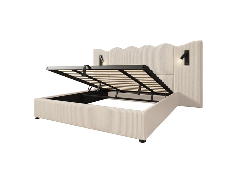  Lit coffre 180 × 200 cm en velours côtelé beige et blanc, liseuse orientable 360°, usb-c et sommier à lattes Fay Lum - Conforama D