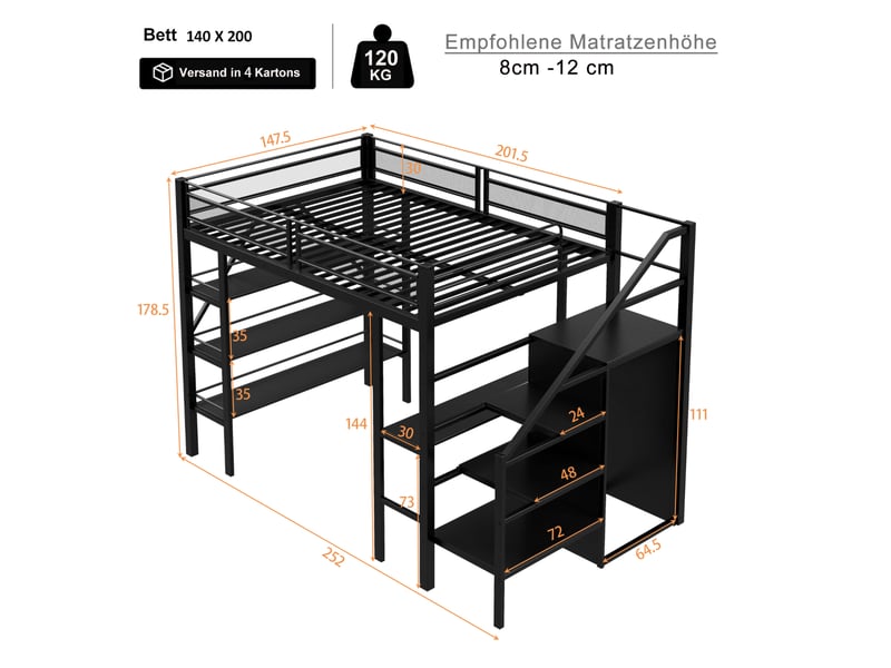  Lit mezzanine tcqpz 140 x 200 cm noir en métal avec bureau, étagères de rangement, armoire et escalier réversible  - Conforama C